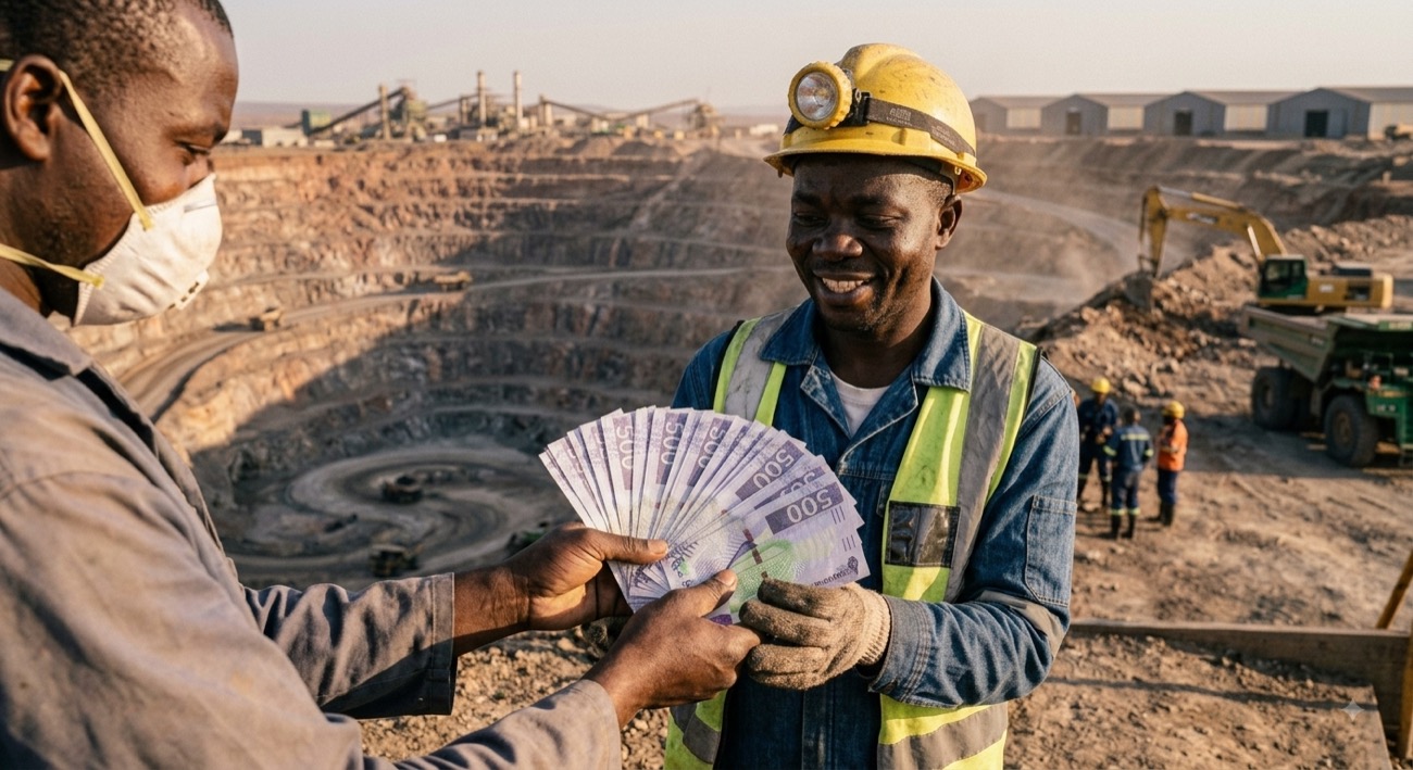 Zambian miners receiving K500 kwacha notes at a mine site