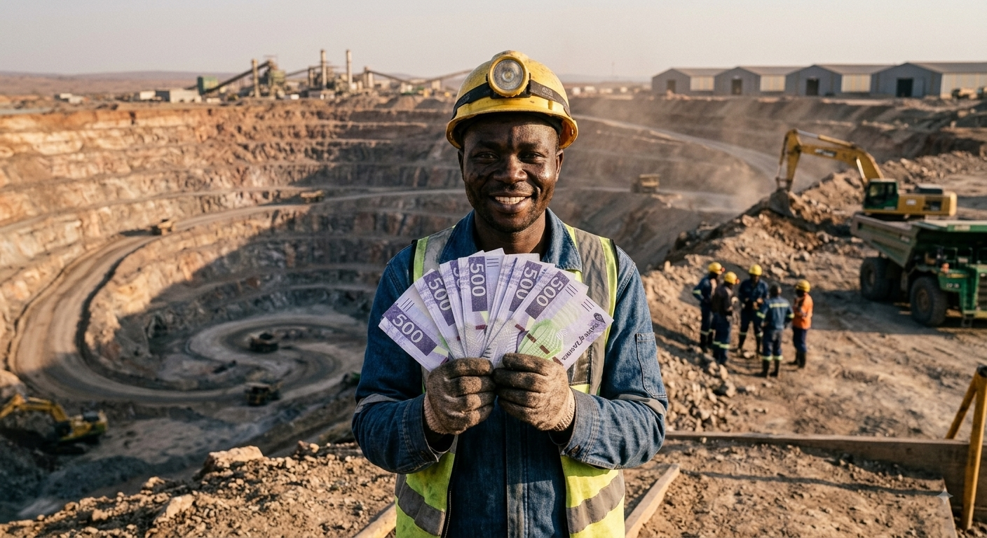 A smiling Zambian miner holding K500 kwacha notes at a mine site